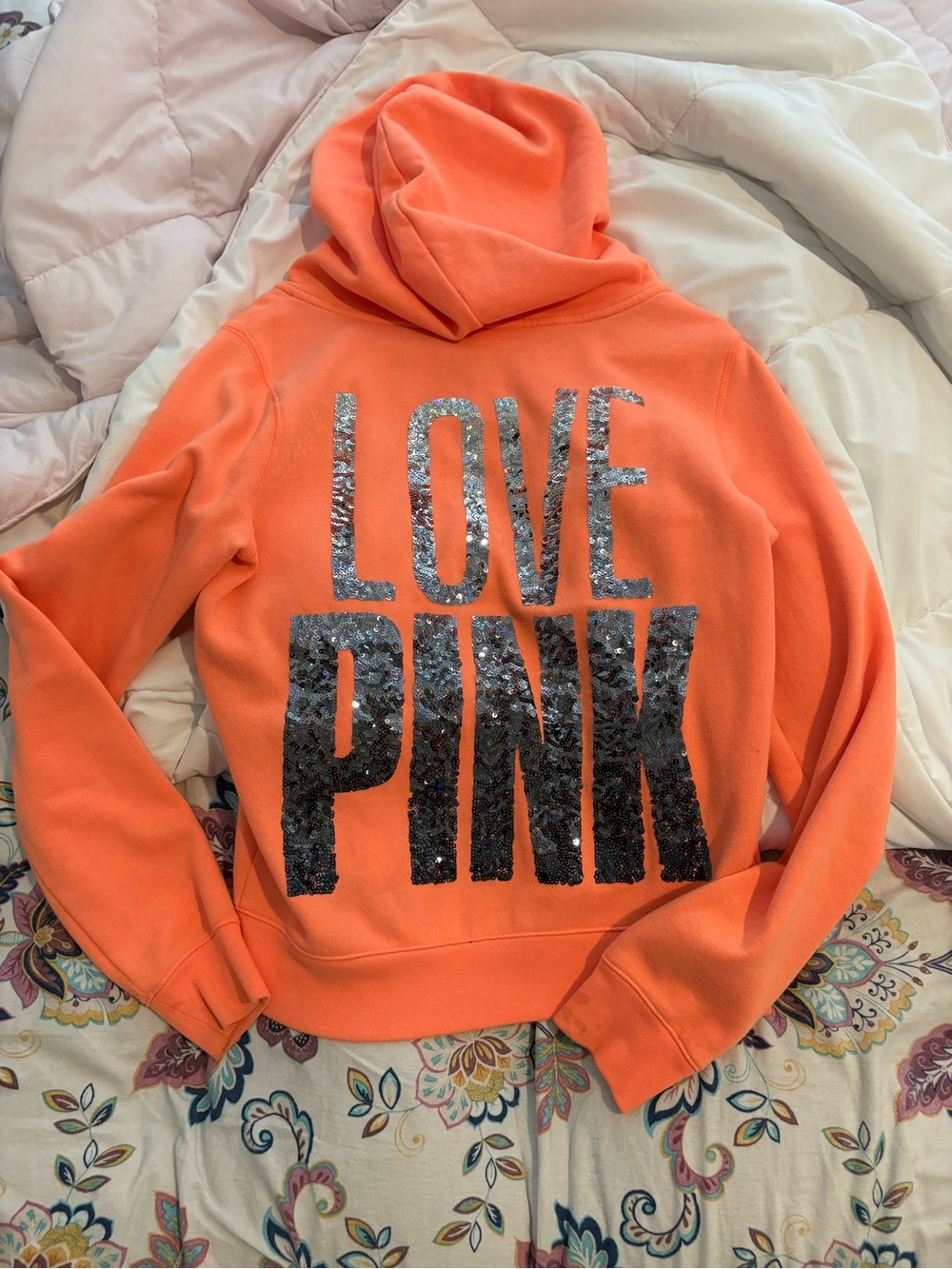 PINK Victoria's Secret Orange Hoodie with Sequin LOVE PINK